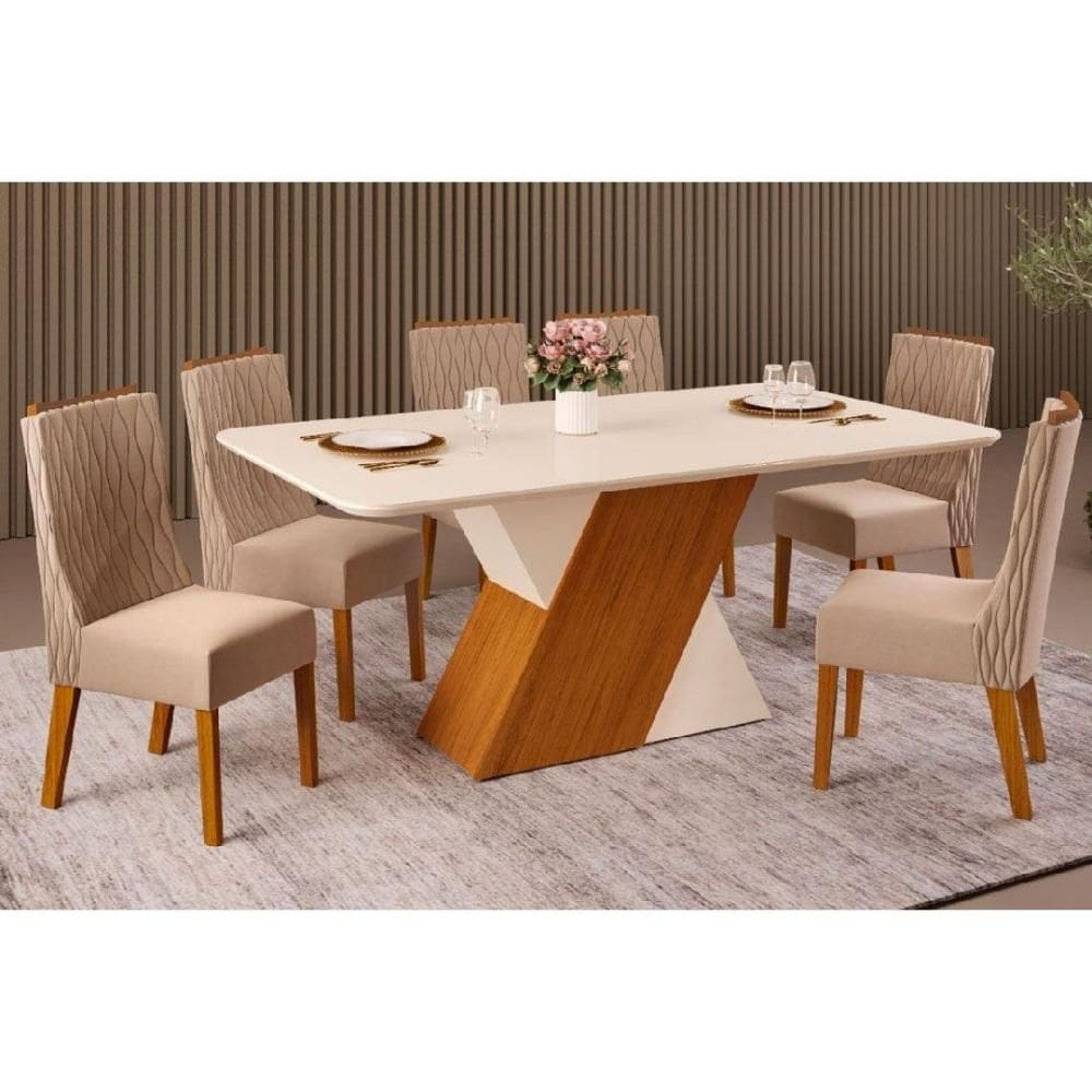 Conjunto: Mesa Sala Jantar Rubi c/ Tampo Madeirado c/ Vidro 170x90cm e 6 Cadeiras Jade Freijo/Off White/Off White - Suede Kraft - DJ Móveis