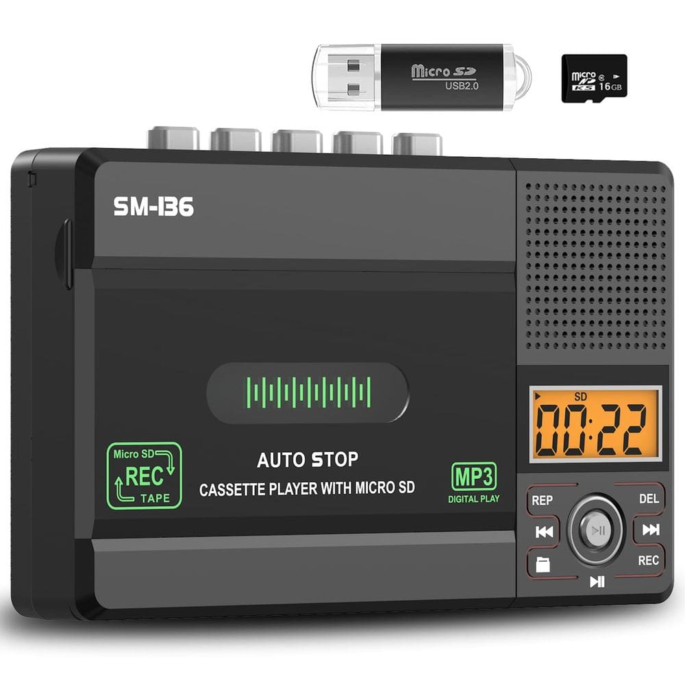 Gravador de toca-fitas cassete SEMIER Portable com cartão SD de 16 GB