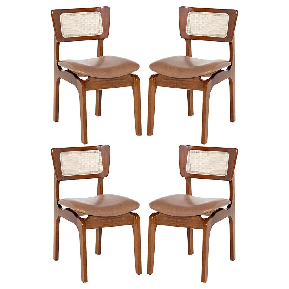 Kit 4 Cadeiras de Jantar Portugal Madeira Imbuia com Encosto Rattan Impermeável Caramelo L85