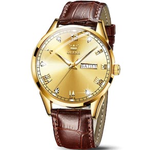 Relógio masculino OLEVS Gold Leather Day Date Waterproof 30m