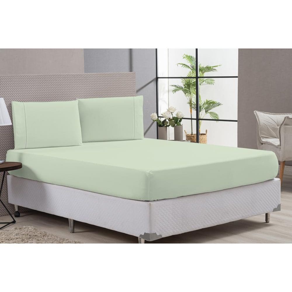 Jogo Lençol Cama Casal King 80% Algodão Verde Elástico