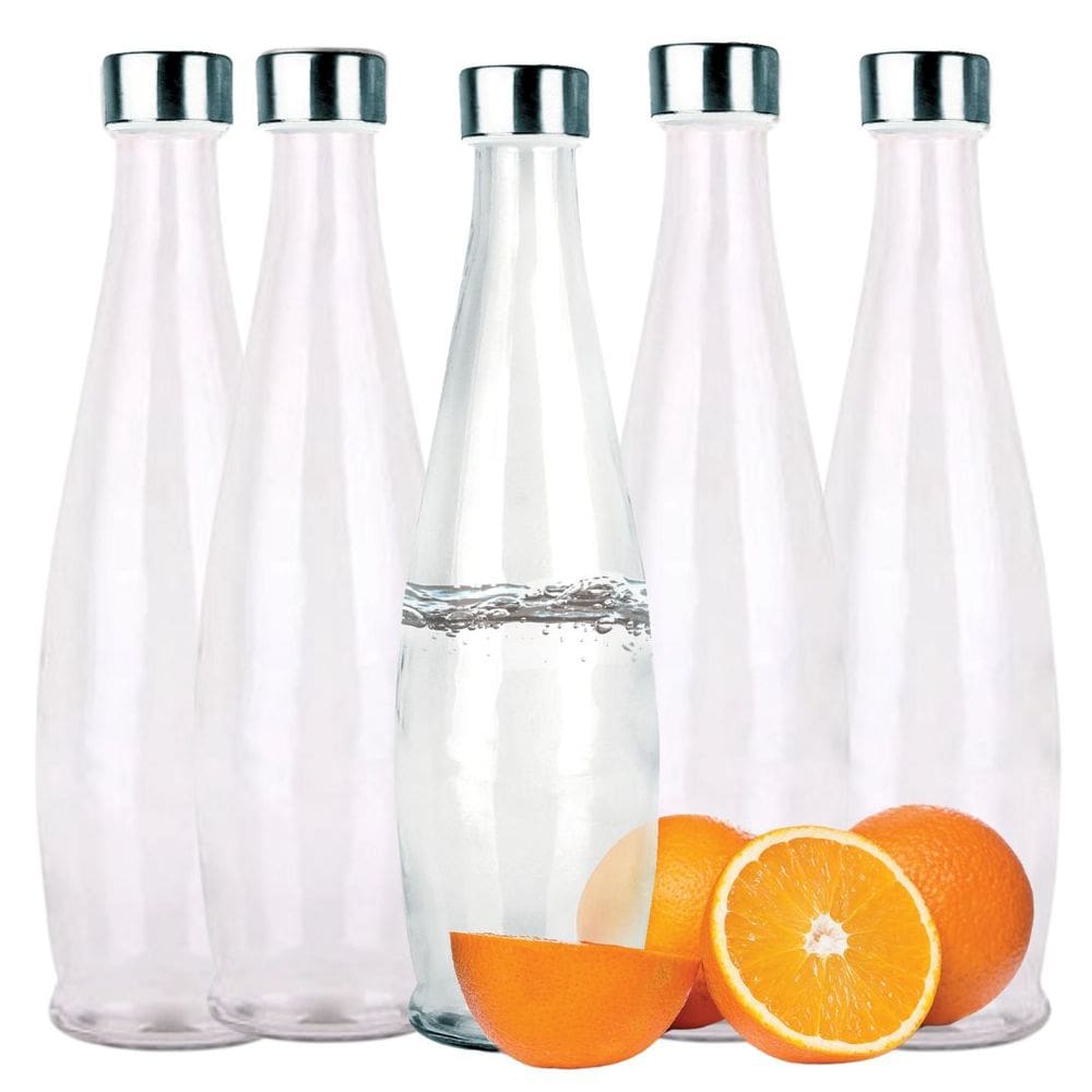 Jogo 5 Garrafas Vidro Acqua Transparente 1 Litro Tampa com Rosca Aço Inox - Tuut