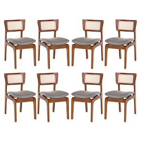 Kit 8 Cadeiras de Jantar em Madeira Imbuia com Tela Rattan Portugal Linho Cinza L55