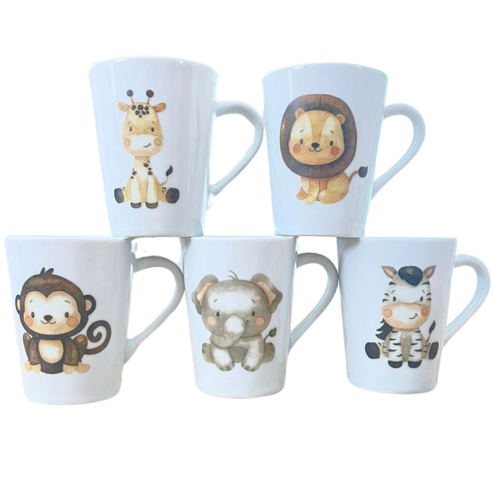 kit Jogo 5 Canecas Cônicas 220ml - Safari - Porcelana branca