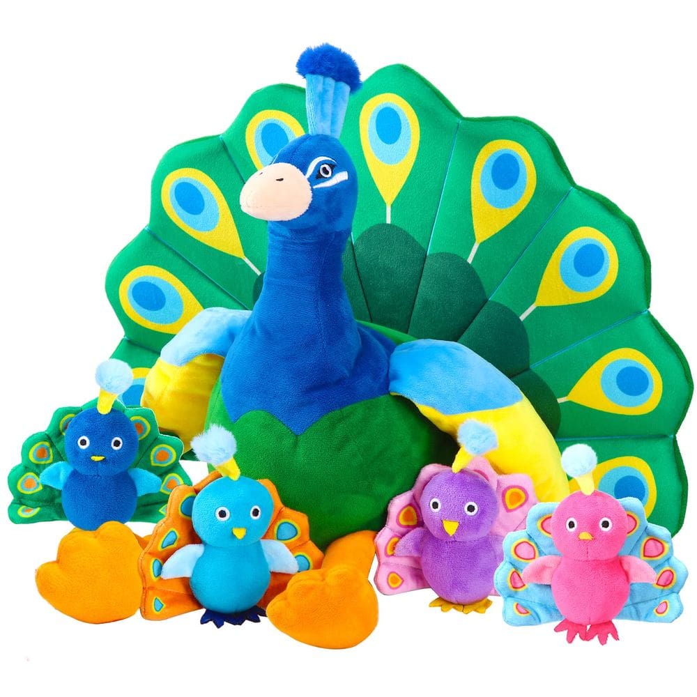 Pavão de pelúcia Skylety Plush Peacock com 4 pequenos pavões
