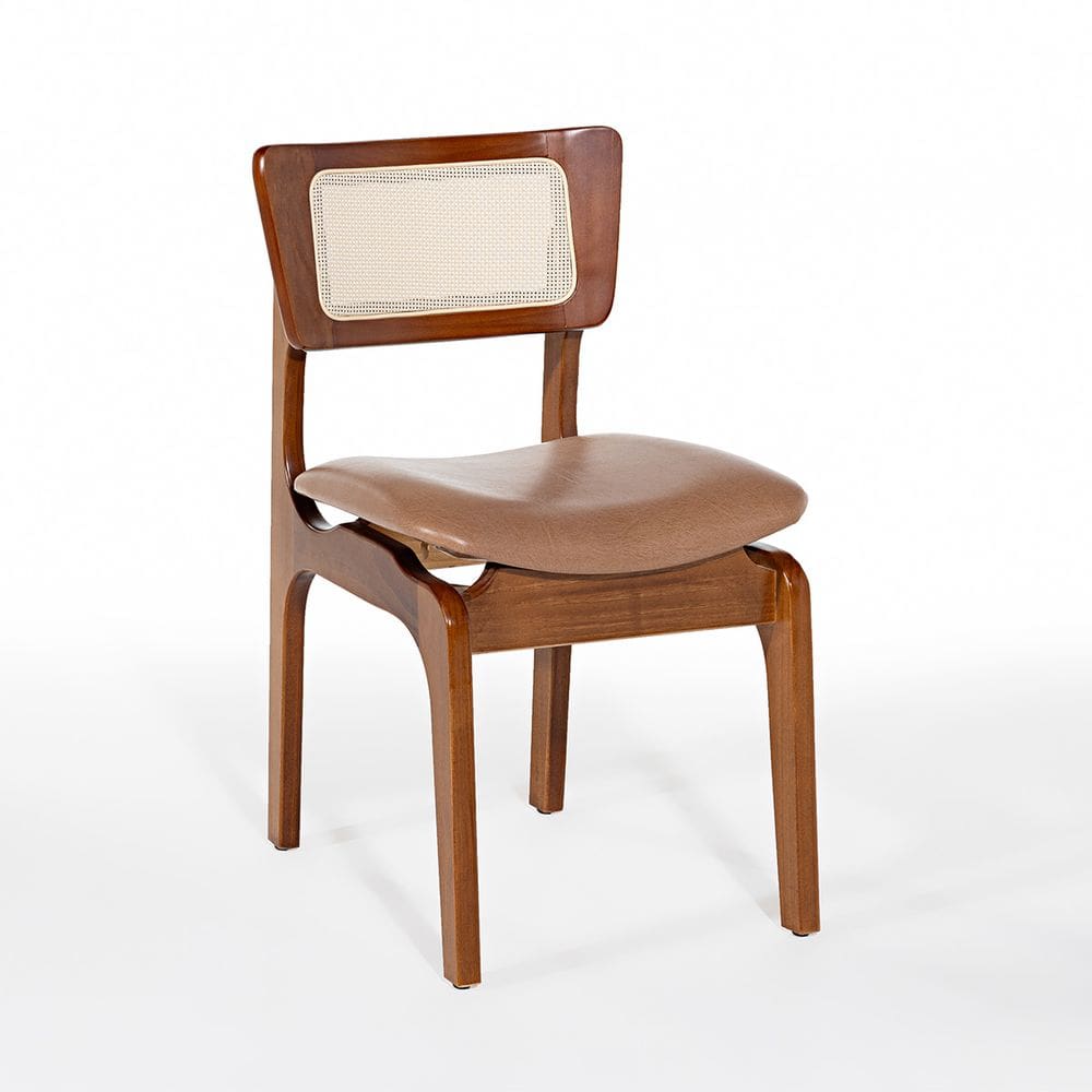 Cadeira de Jantar Portugal Madeira Imbuia com Encosto Rattan Impermeável Caramelo L85