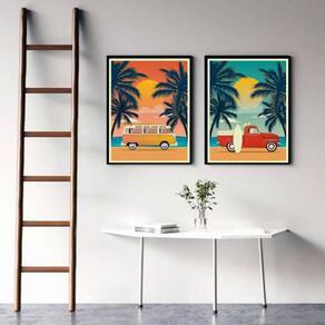 Kit 2 Quadros Decorativos Carros Na Praia 45X34Cm - Preta