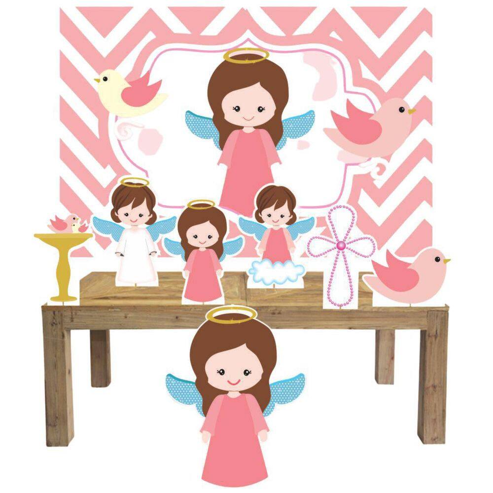Kit Display Mdf Batizado Anjinho Menina Com 7 Peças+ Painel