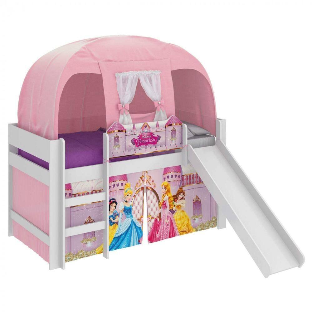 Cama Infantil com Escorregador e Barraca Princesas Disney Play Branco