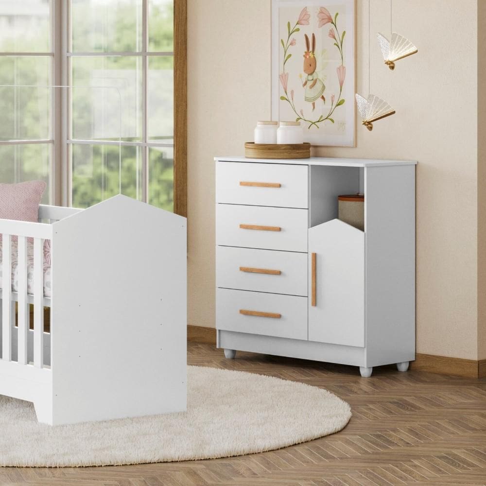 Cômoda de Bebê 100% MDF 1 porta 4 Gavetas Duda Branco