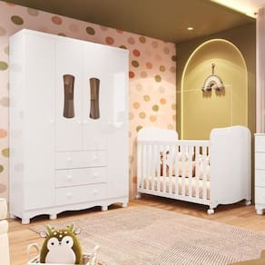 Quarto de Bebê Guarda Roupas 4 Portas 3 Gavetas e Berço Espresso Móveis Branco