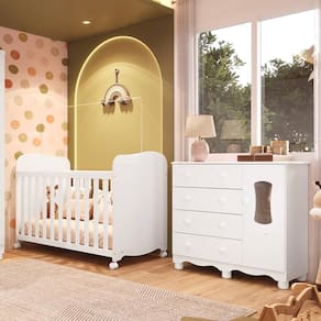 Quarto de Bebê Cômoda com 1 Porta Janelada e Berço com Rodízios 100% MDF Lana Espresso Móveis Branco Brilho