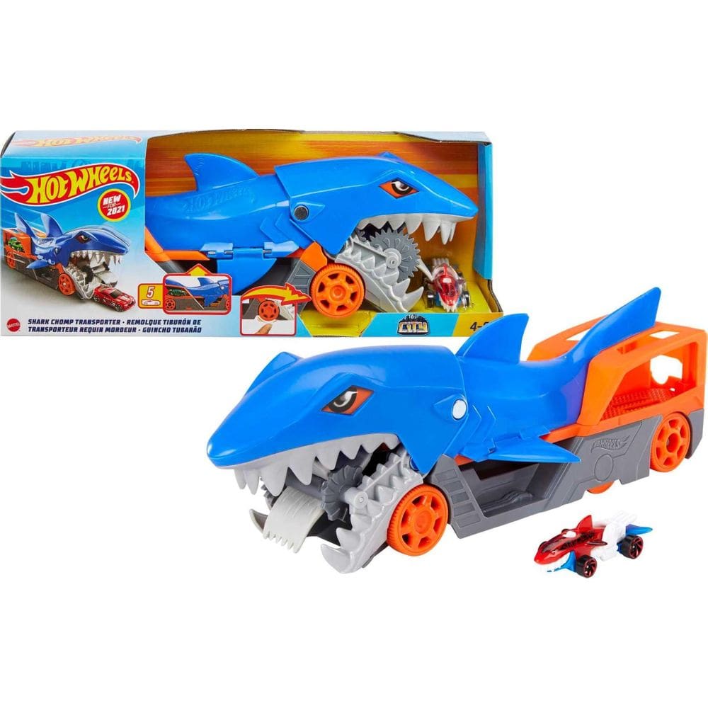 Conjunto de brinquedos para carros Hot Wheels Shark Chomp Transporter com carro