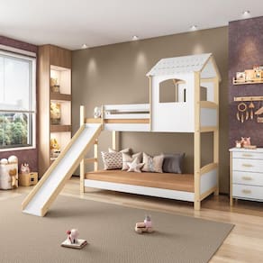 Beliche Infantil Casinha Com Escorregador Branco/Natural