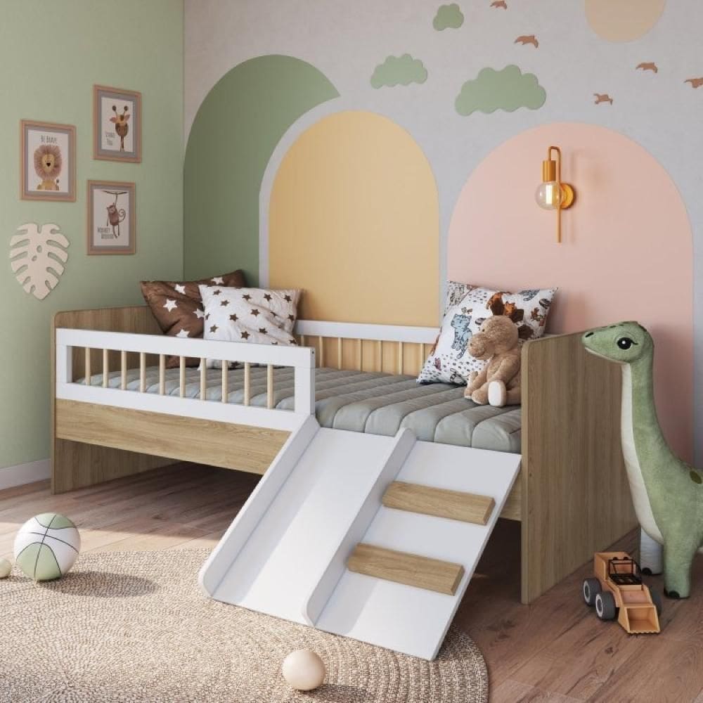 Cama Montessoriana de Solteiro com Escada e Escorrega cor Aveiro OAK com Branco com Colchão Incluso Aveiro/Branco