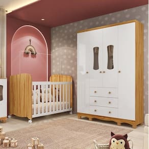Quarto de Bebê Guarda Roupas 4 Portas 3 Gavetas e Berço Espresso Móveis Branco Brilho/Amêndoa