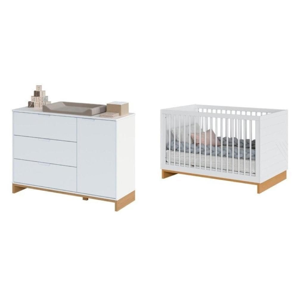 Conjunto Berço 2 em 1 e Cômoda Cubo Branco/Plátano