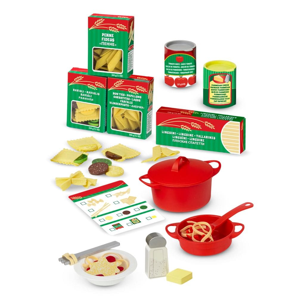 Conjunto de alimentos Pasta Play Melissa e Doug Prepare e sirva mais de 50 unidades