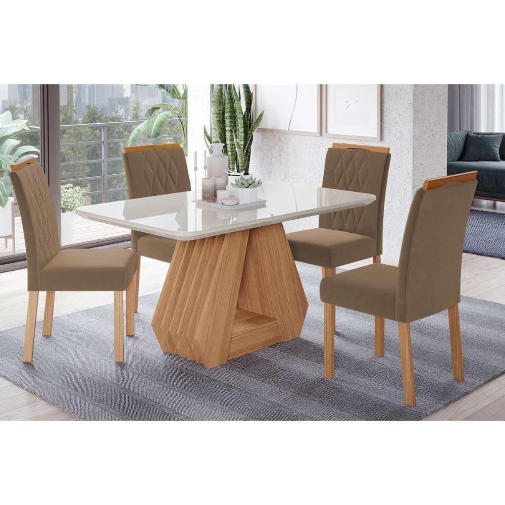 Conjunto: Mesa Sala Jantar Ágata Tampo Madeirado c/ Vidro 130x80cm e 4 Cadeiras Juliana Madeirado/Suede Joli Capuccino - Cimol