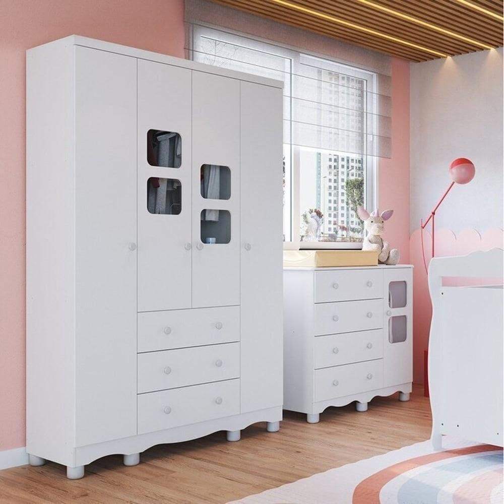 Quarto Infantil com Guarda Roupa 4 Portas e Cômoda 1 Porta com Janelas Mimo 100% Mdf Espresso Móveis Branco Brilho