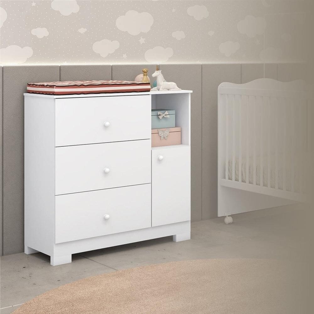 Cômoda Infantil Flofy com Pés, 1 Porta, 3 Gavetas com Corrediças Telescópica Branco