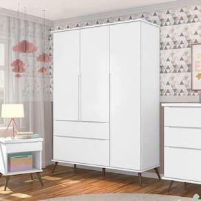Conjunto Quarto Infantil com Guarda-roupa 3 Portas e Cômoda com Sapateira Melinda 100% Mdf Branco