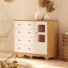 Cômoda Infantil 1 Porta com Janela 4 Gavetas 100% Mdf Mimo Espresso Móveis Branco Brilho/Amêndoa