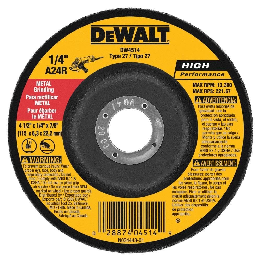 Roda de moagem DEWALT DW4514 1/4 de espessura de 4,5 cm de diâmetro