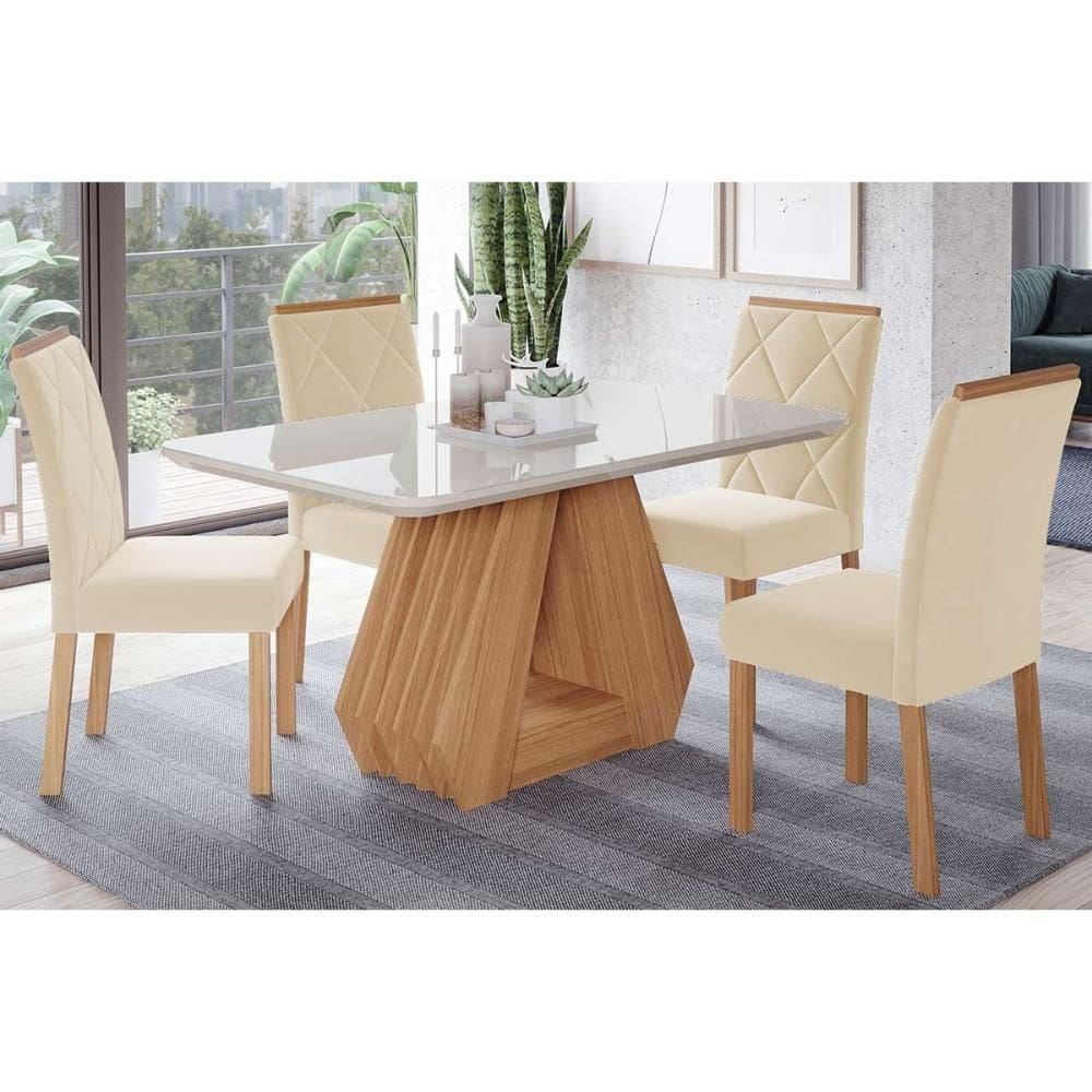 Conjunto: Mesa de Cozinha Ágata Tampo Madeirado c/ Vidro 130x80cm e 4 Cadeiras Fernanda Savana-Madeirado/Suede Nude Bege - Cimol