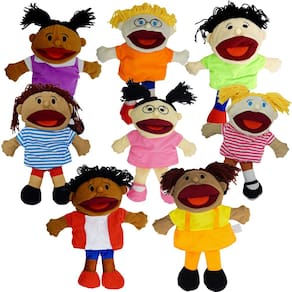 Pacote com 8 bonecos de mão para crianças, multiculturais com boca móvel