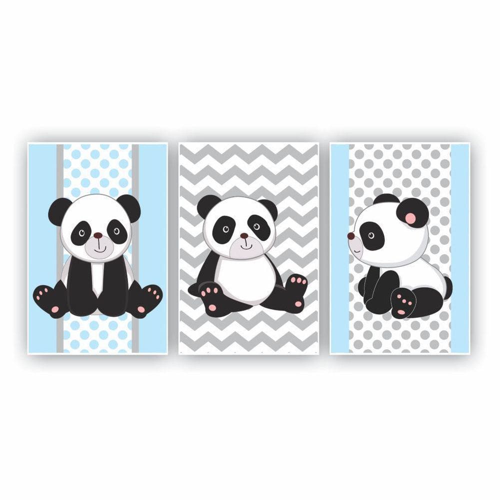 Kit Placas Quadros 3 Pçs 20X30 Infantil Panda Azul