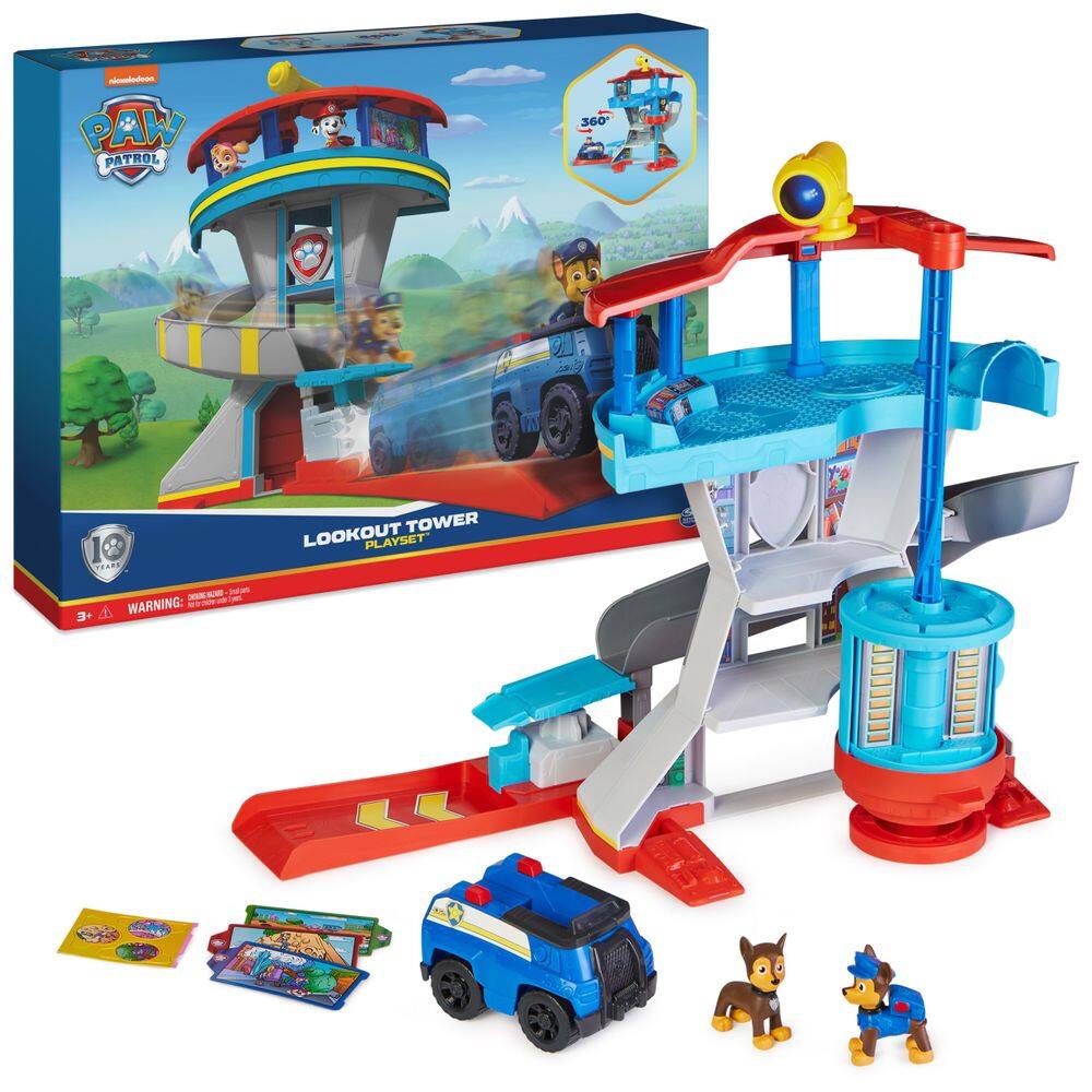 Playset Paw Patrol Lookout Tower com lançador de carros de brinquedo e 2 Chase