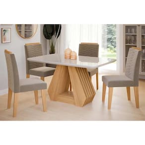 Conjunto: Mesa de Cozinha Ágata Tampo Madeirado c/ Vidro 130x80cm e 4 Cadeiras Clarice Nature/Suede Joli Chocolate - Cimol