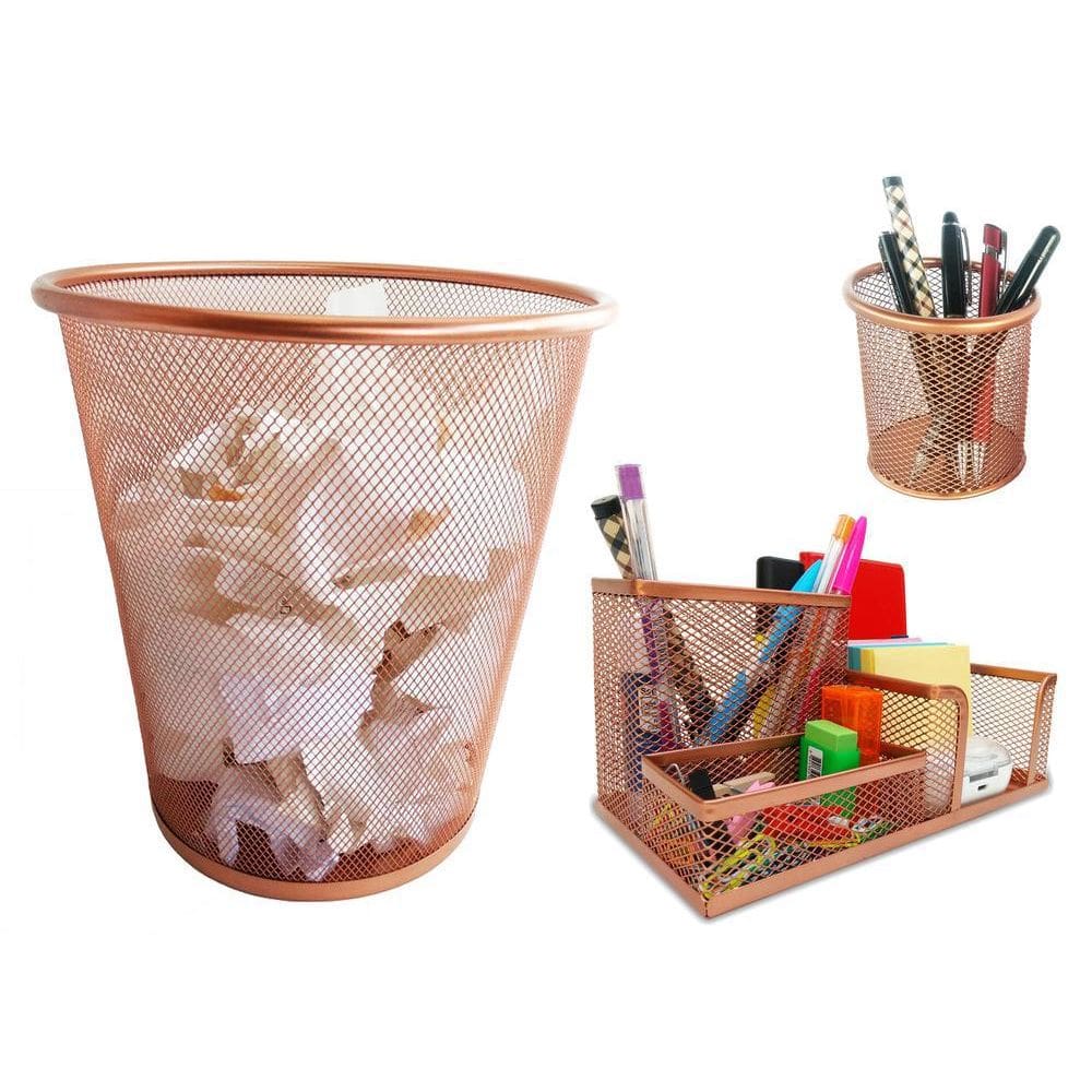 Kit Organizador, Porta Caneta E Lixeira Rose Gold Escritório