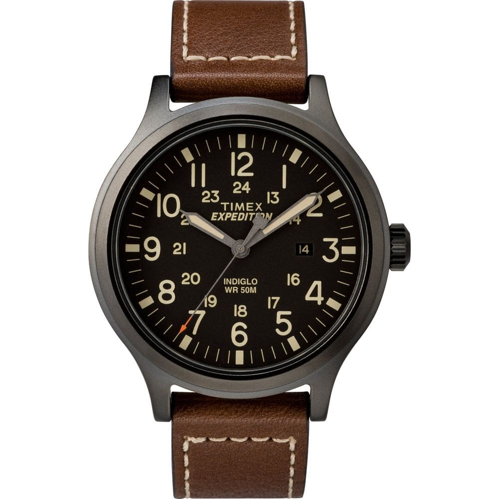 Relógio Timex Expedition Scout para homens, 43 mm, mostrador preto, pulseira de couro marrom