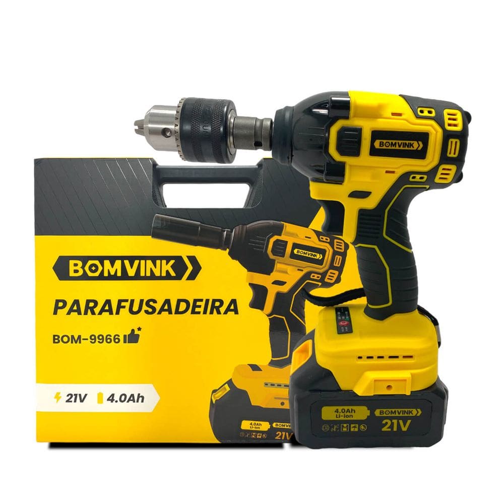 Parafusadeira Furadeira de Impacto 21V com 2 Baterias, 320 Nm de Torque, Carregador Bivolt, Kit Completo