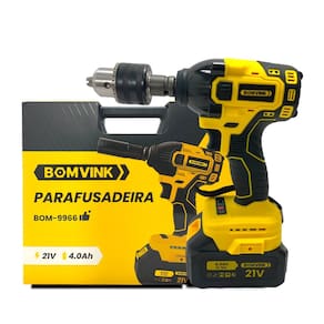 Parafusadeira Furadeira de Impacto 21V com 2 Baterias, 320 Nm de Torque, Carregador Bivolt, Kit Completo