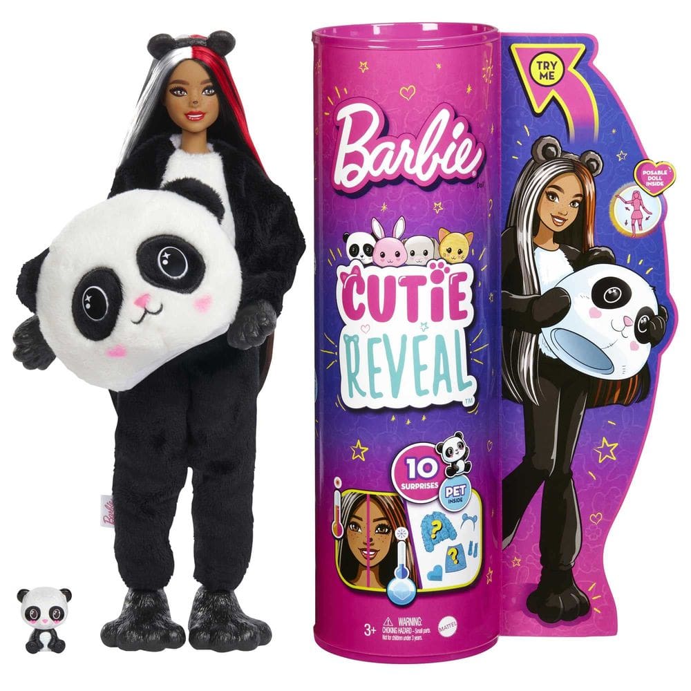 Boneca Barbie Cutie Reveal com fantasia de pelúcia Panda com 10 surpresas