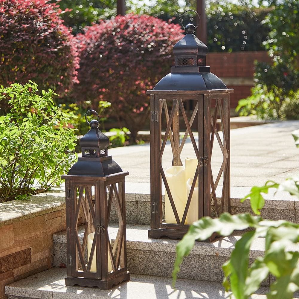 Lanternas de vela decorativas Glitzhome Vintage Wood/Metal, pacote com 2