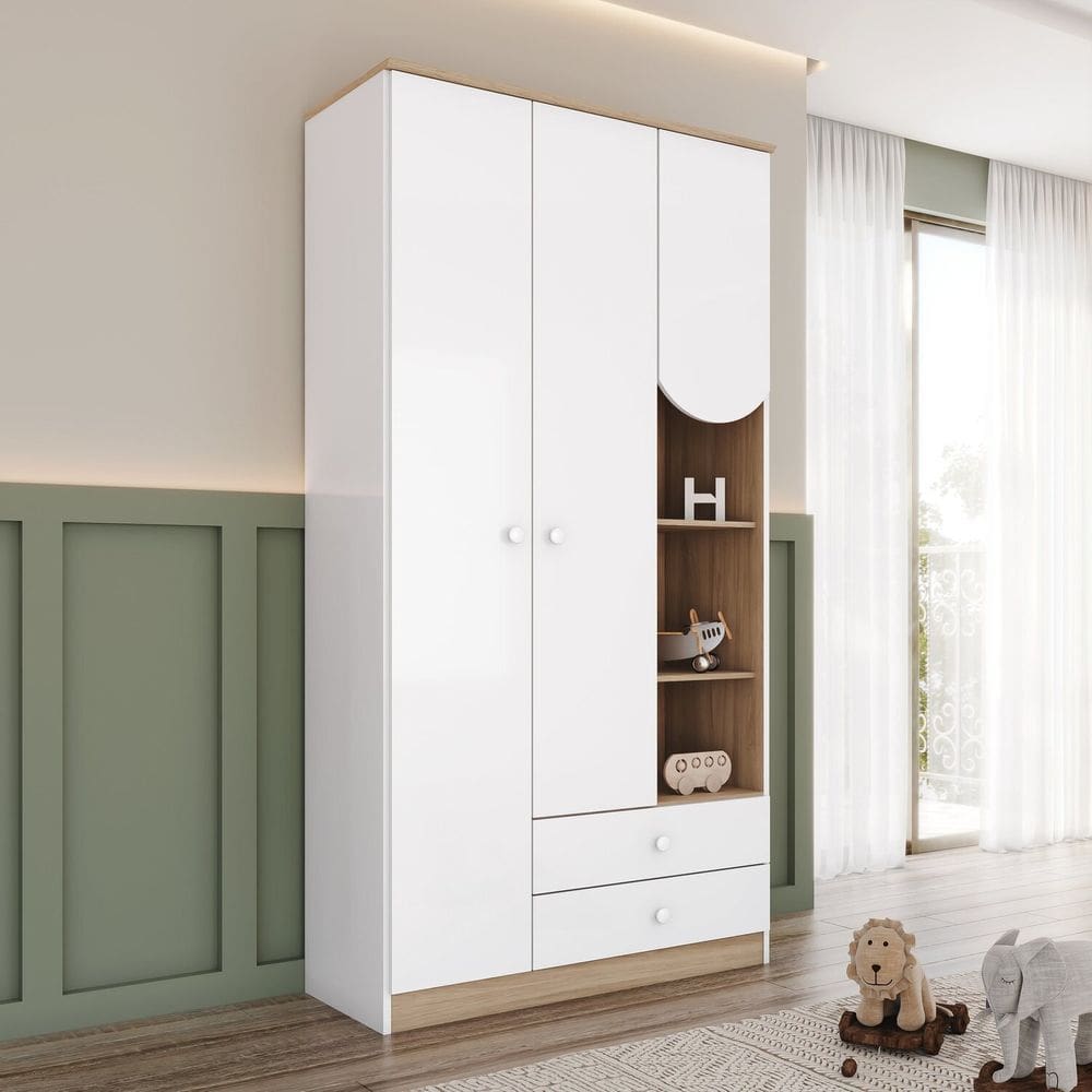 Guarda Roupa Infantil Magia 3 Portas 2 Gavetas com Nichos Decorativos Branco/Jequitibá