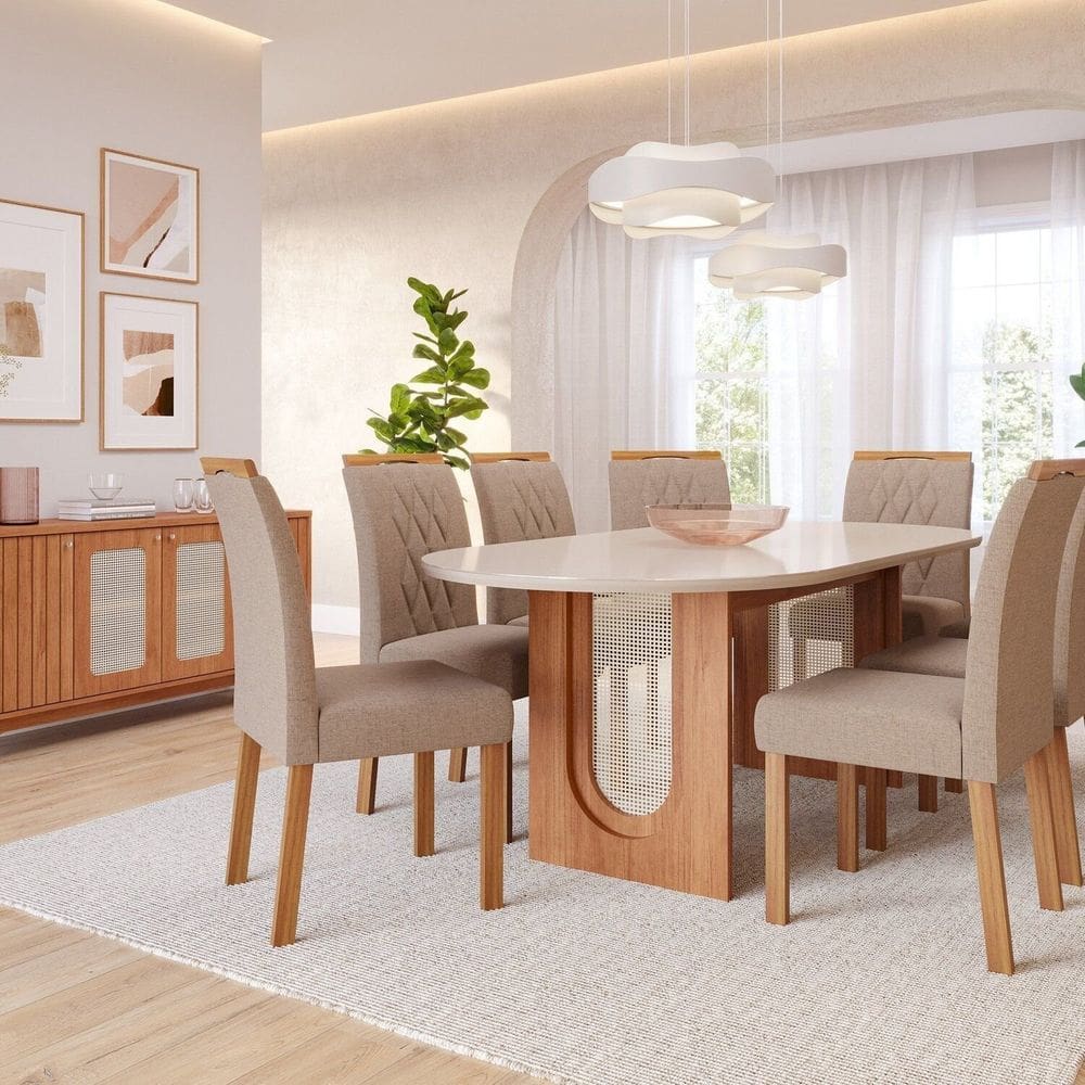 Sala de Jantar Valentina 2,10 Oval com 8 Cadeiras Juliana Cinamomo/Offwhite/Bege