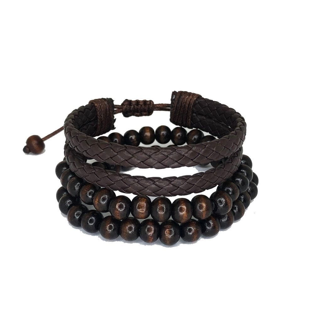 Pulseira Masculina Couro Trançado Marrom Bolinha Madeira Kit