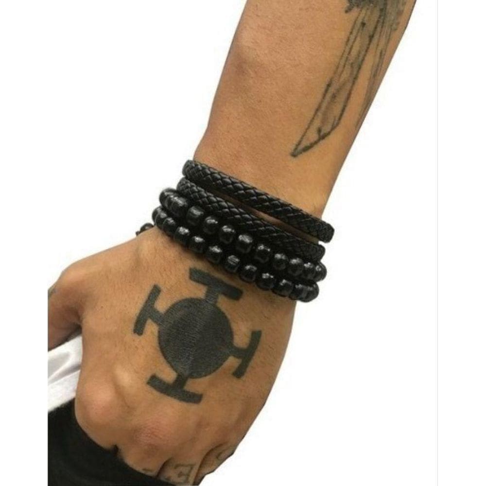 Pulseira Masculina Couro Trançado Preto Bolinha Madeira Kit3