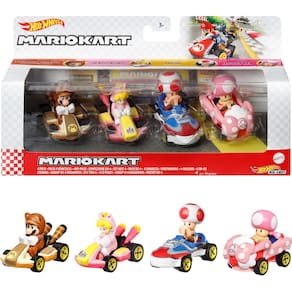 Pacote com 4 brinquedos Hot Wheels Mario Kart com Tanooki Mario, Cat Peach