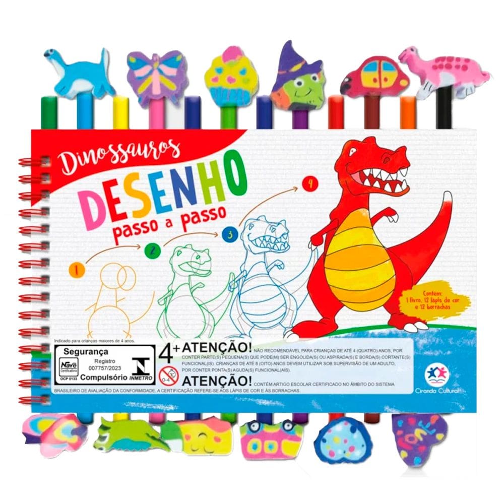 Livro com Desenhos Passo a Passo para Colorir Dinossauros + 12 Lápis de Cor