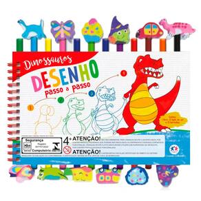Livro com Desenhos Passo a Passo para Colorir Dinossauros + 12 Lápis de Cor