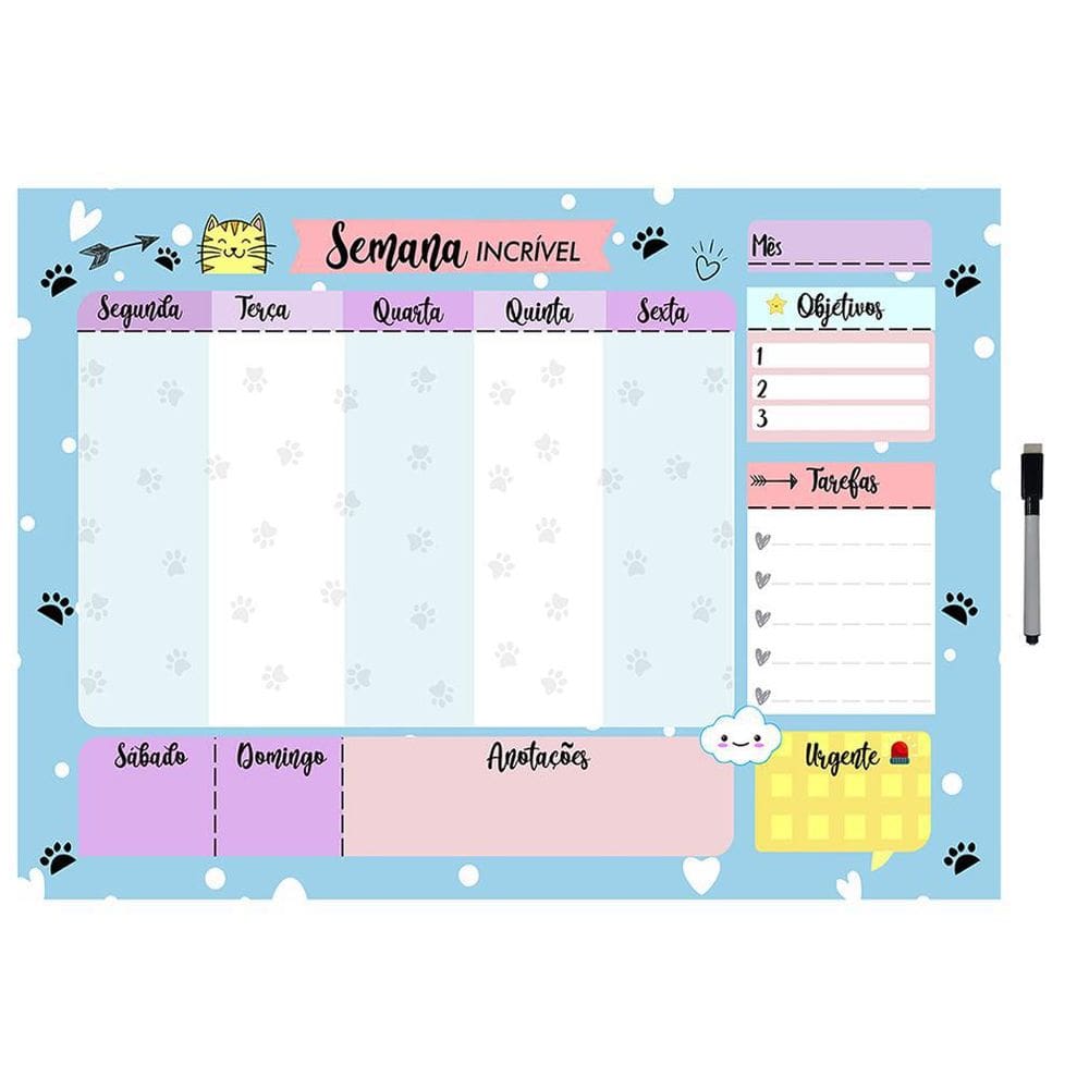 Mural Planejador De Metal Semanal 40X60Cm + Caneta M18