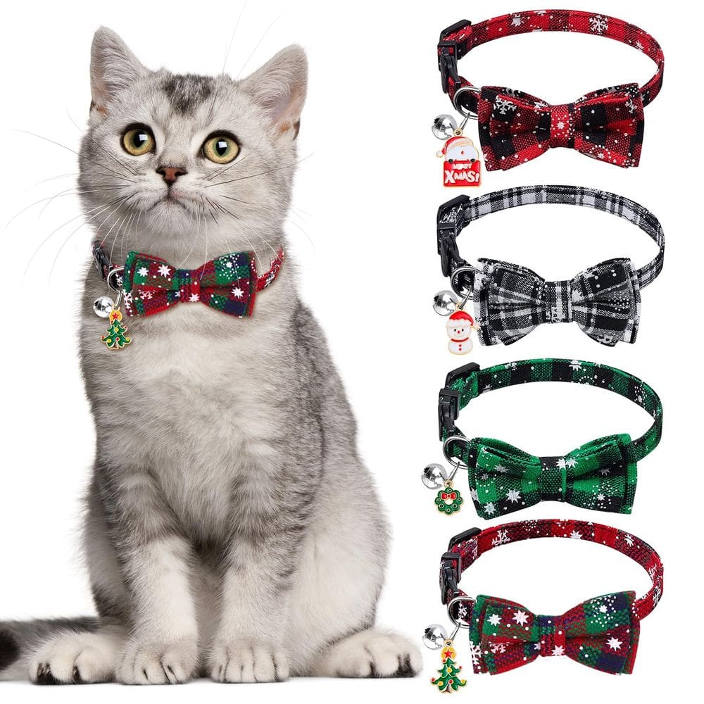 Coleiras de Natal para gatos Vellibring, pacote com 4, ajustáveis com gravata borboleta