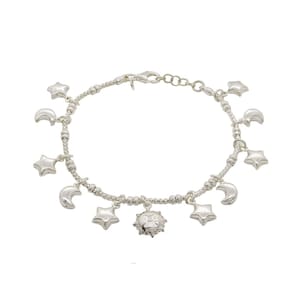 Pulseira Prata Berloques Estrelas Sol Lua Delicada 19,5cm