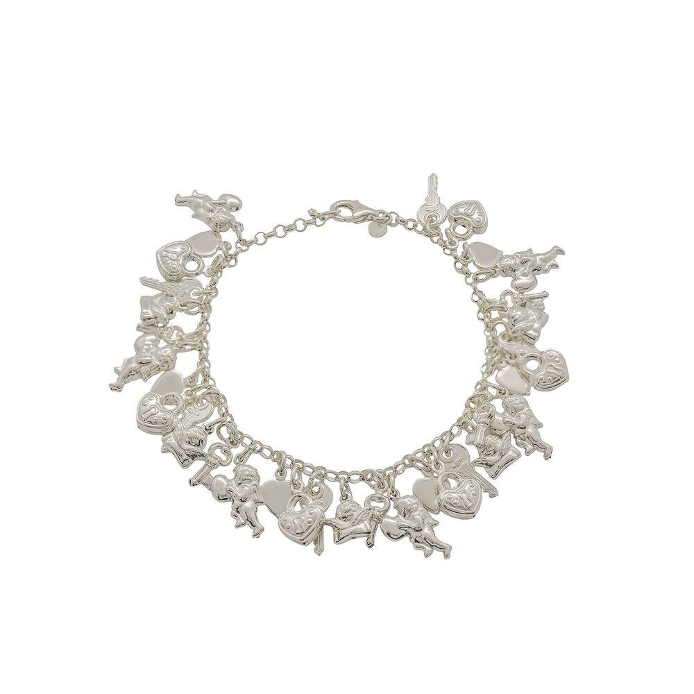 Pulseira Prata Berloques Coração Anjo Cupido Namoro Chave